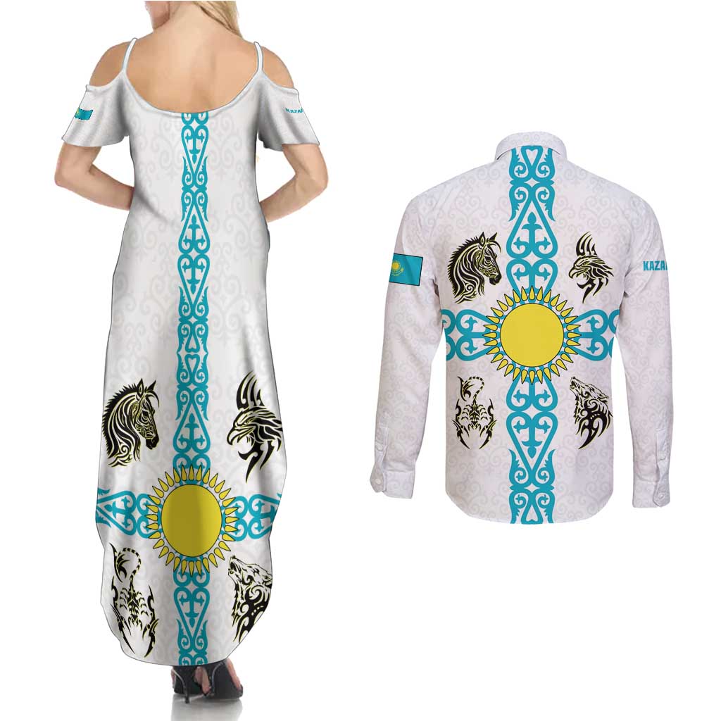 Kazakhstan National Symbols Couples Matching Summer Maxi Dress and Long Sleeve Button Shirt with Tribal Animal Crest and Blue Ethnic Motif on White