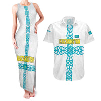 Kazakhstan National Symbols Couples Matching Tank Maxi Dress and Hawaiian Shirt with Tribal Animal Crest and Blue Ethnic Motif on White