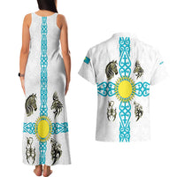 Kazakhstan National Symbols Couples Matching Tank Maxi Dress and Hawaiian Shirt with Tribal Animal Crest and Blue Ethnic Motif on White