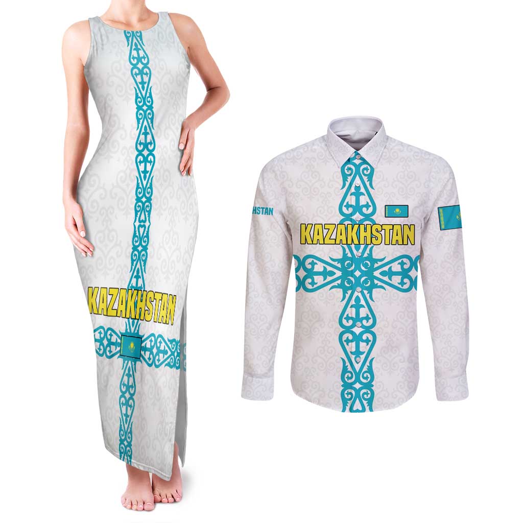 Kazakhstan National Symbols Couples Matching Tank Maxi Dress and Long Sleeve Button Shirt with Tribal Animal Crest and Blue Ethnic Motif on White
