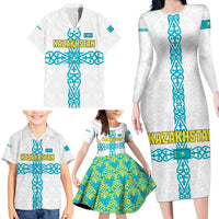 Kazakhstan National Symbols Family Matching Long Sleeve Bodycon Dress and Hawaiian Shirt with Tribal Animal Crest and Blue Ethnic Motif on White