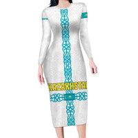 Kazakhstan National Symbols Family Matching Long Sleeve Bodycon Dress and Hawaiian Shirt with Tribal Animal Crest and Blue Ethnic Motif on White