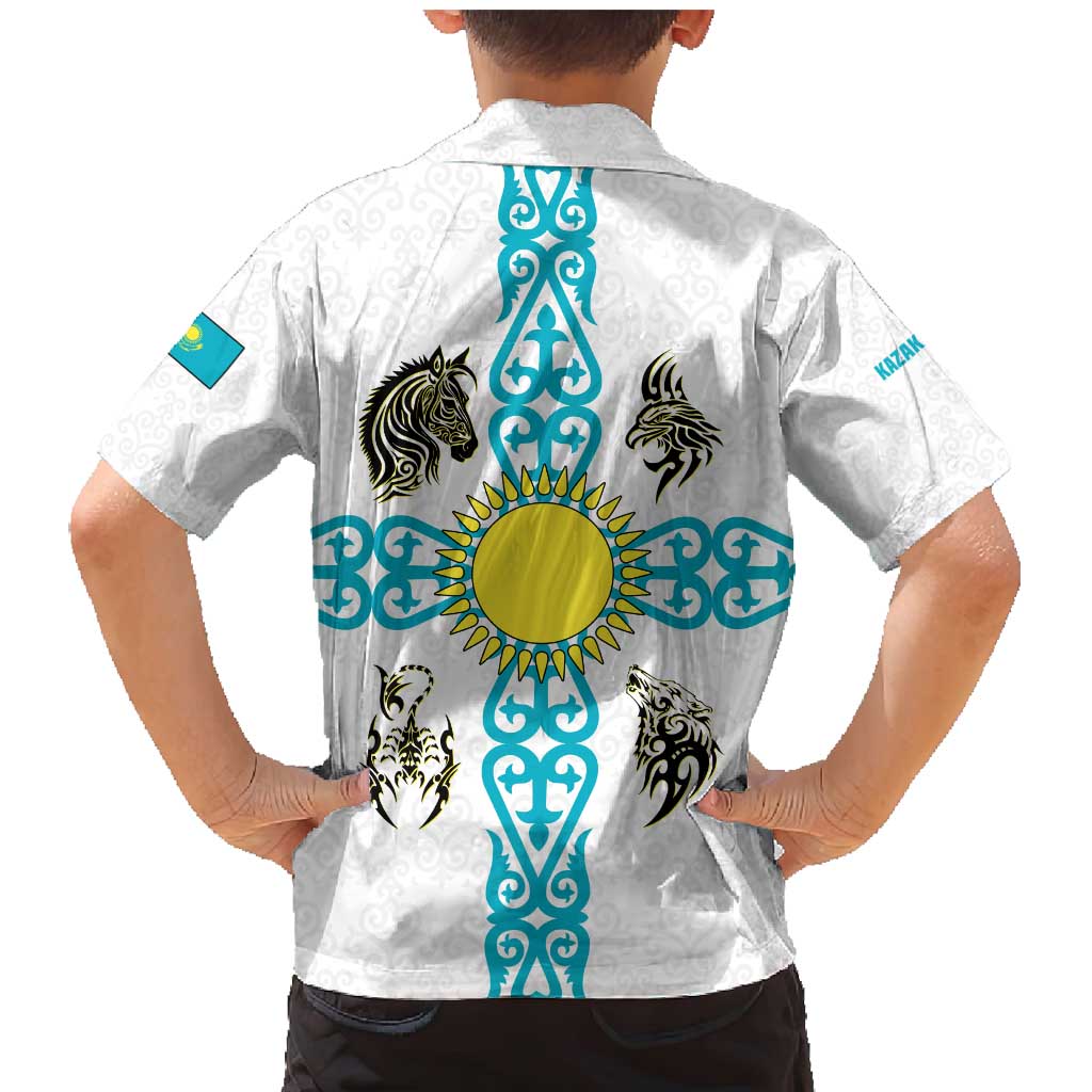 Kazakhstan National Symbols Family Matching Mermaid Dress and Hawaiian Shirt with Tribal Animal Crest and Blue Ethnic Motif on White