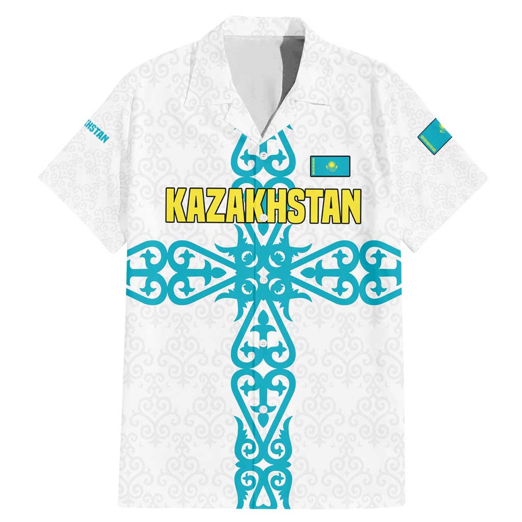 Kazakhstan National Symbols Family Matching Mermaid Dress and Hawaiian Shirt with Tribal Animal Crest and Blue Ethnic Motif on White