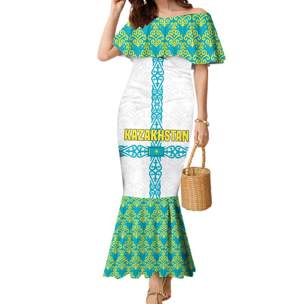 Kazakhstan National Symbols Family Matching Mermaid Dress and Hawaiian Shirt with Tribal Animal Crest and Blue Ethnic Motif on White