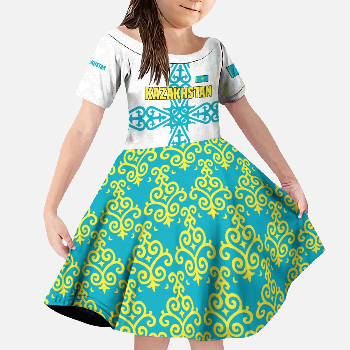 Kazakhstan National Symbols Family Matching Off The Shoulder Long Sleeve Dress and Hawaiian Shirt with Tribal Animal Crest and Blue Ethnic Motif on White