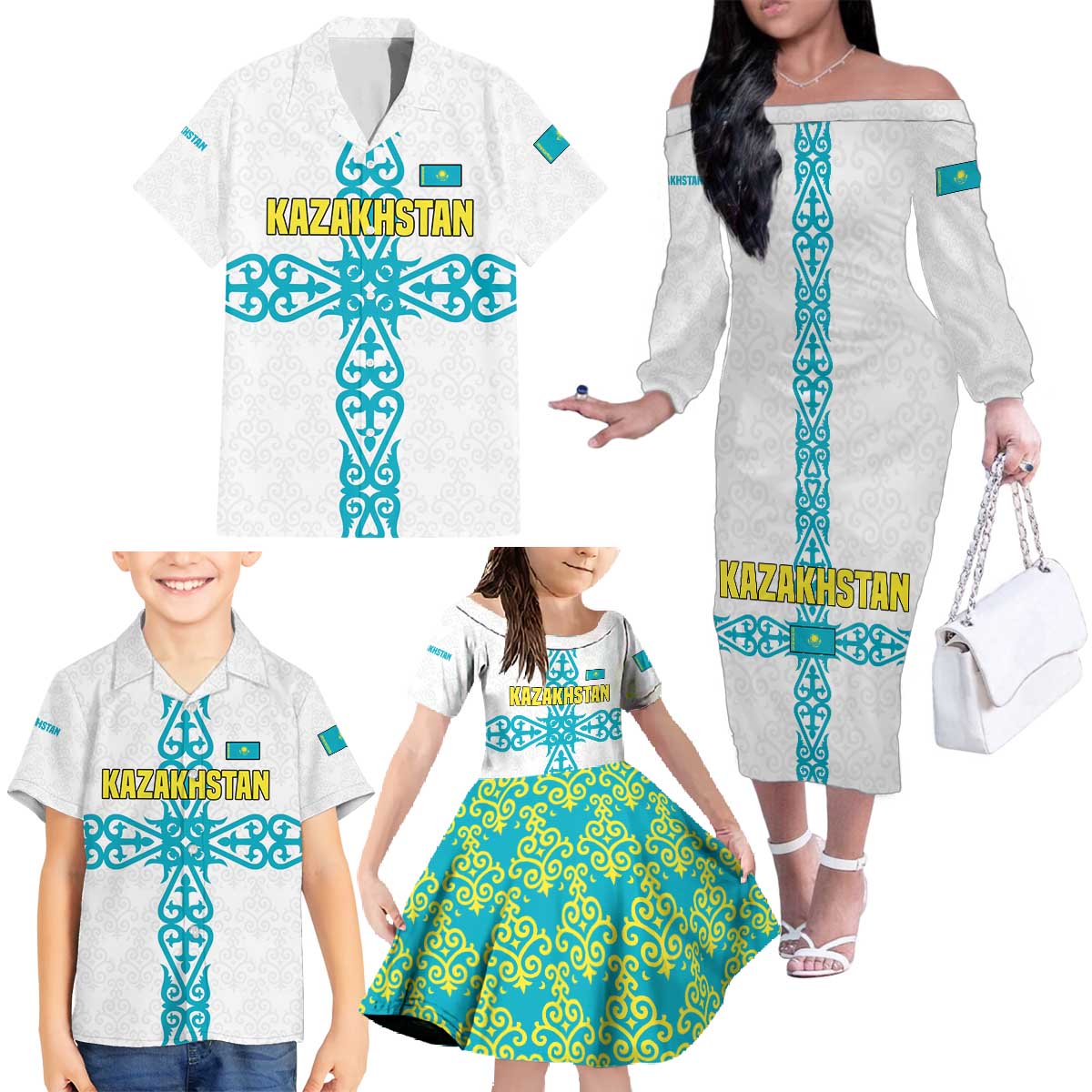 Kazakhstan National Symbols Family Matching Off The Shoulder Long Sleeve Dress and Hawaiian Shirt with Tribal Animal Crest and Blue Ethnic Motif on White