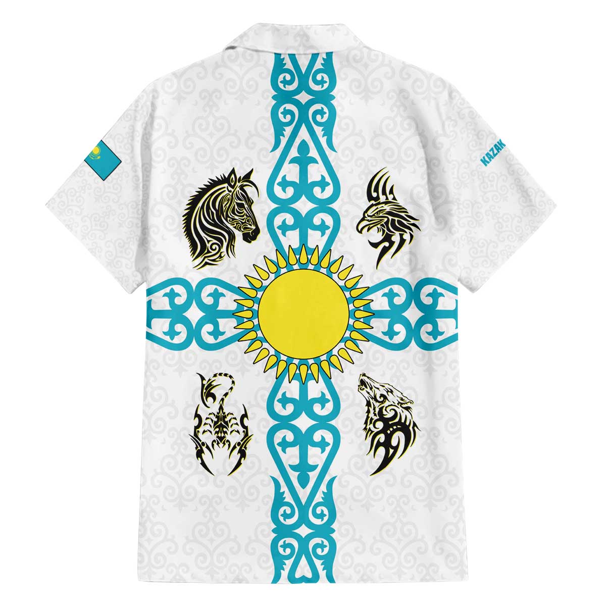 Kazakhstan National Symbols Family Matching Off The Shoulder Long Sleeve Dress and Hawaiian Shirt with Tribal Animal Crest and Blue Ethnic Motif on White