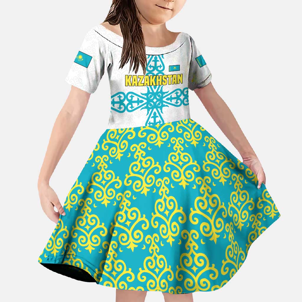 Kazakhstan National Symbols Family Matching Off Shoulder Maxi Dress and Hawaiian Shirt with Tribal Animal Crest and Blue Ethnic Motif on White