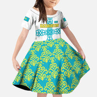 Kazakhstan National Symbols Family Matching Off Shoulder Maxi Dress and Hawaiian Shirt with Tribal Animal Crest and Blue Ethnic Motif on White