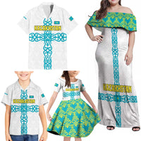 Kazakhstan National Symbols Family Matching Off Shoulder Maxi Dress and Hawaiian Shirt with Tribal Animal Crest and Blue Ethnic Motif on White