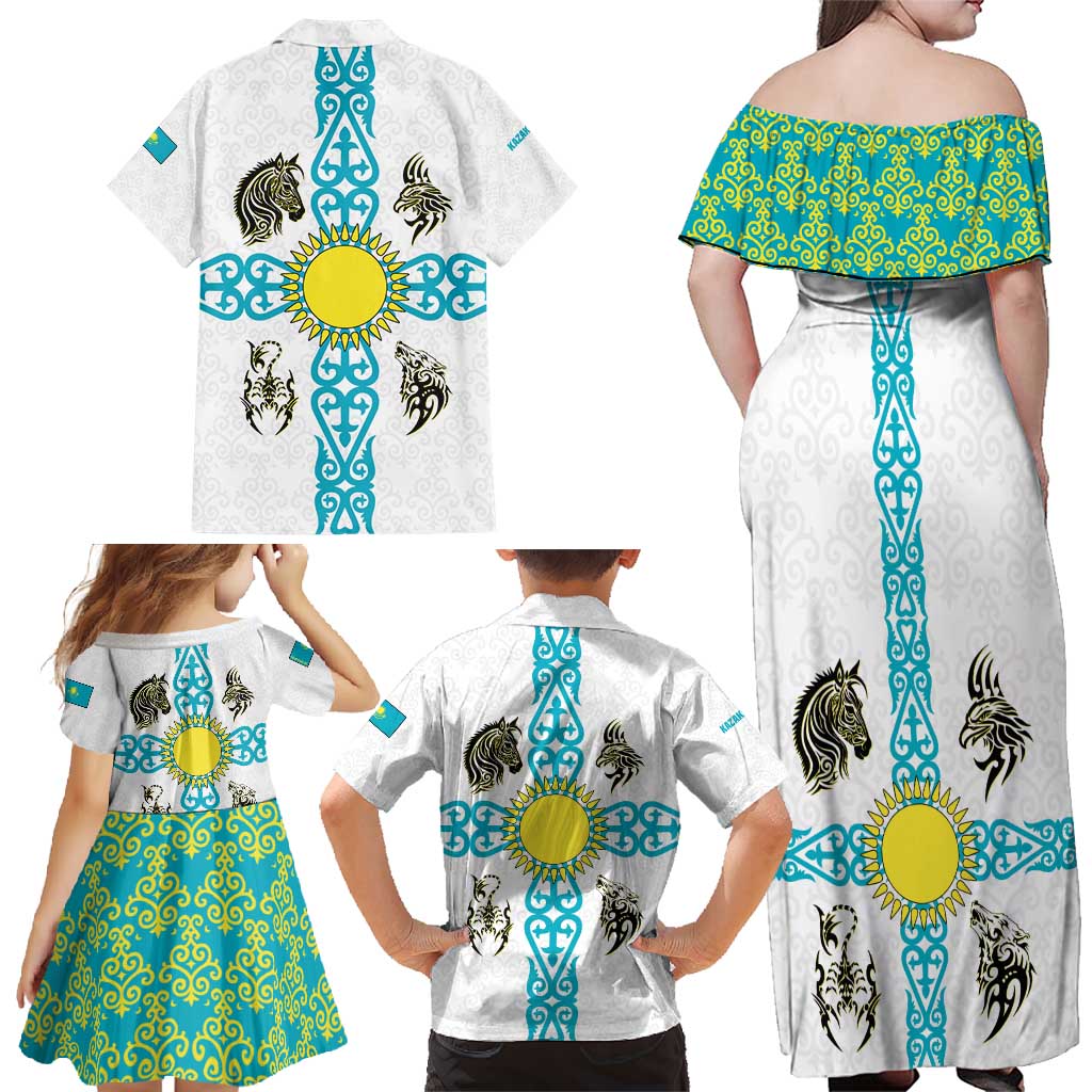Kazakhstan National Symbols Family Matching Off Shoulder Maxi Dress and Hawaiian Shirt with Tribal Animal Crest and Blue Ethnic Motif on White