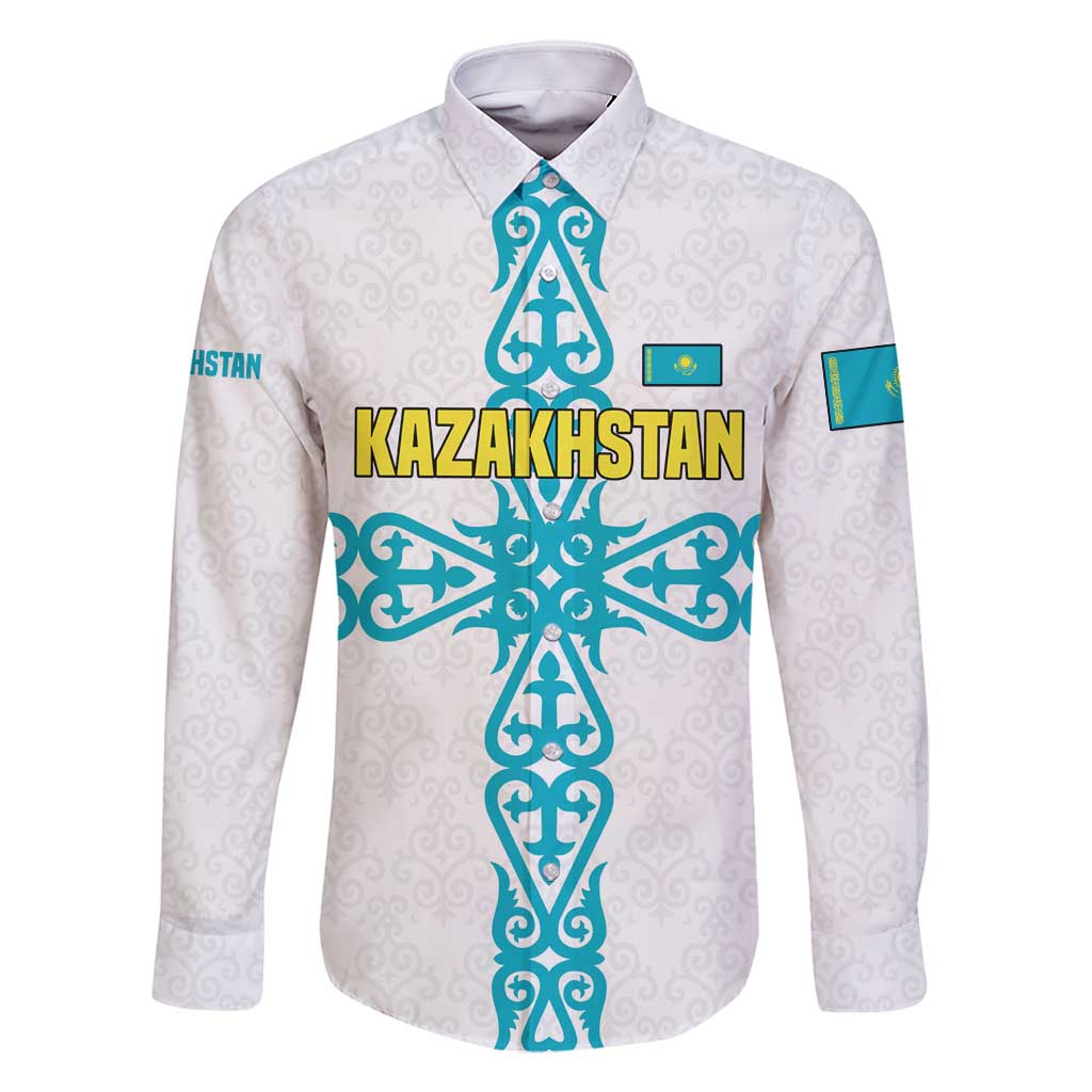 Kazakhstan National Symbols Family Matching Off Shoulder Maxi Dress and Hawaiian Shirt with Tribal Animal Crest and Blue Ethnic Motif on White