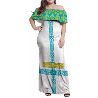 Kazakhstan National Symbols Family Matching Off Shoulder Maxi Dress and Hawaiian Shirt with Tribal Animal Crest and Blue Ethnic Motif on White