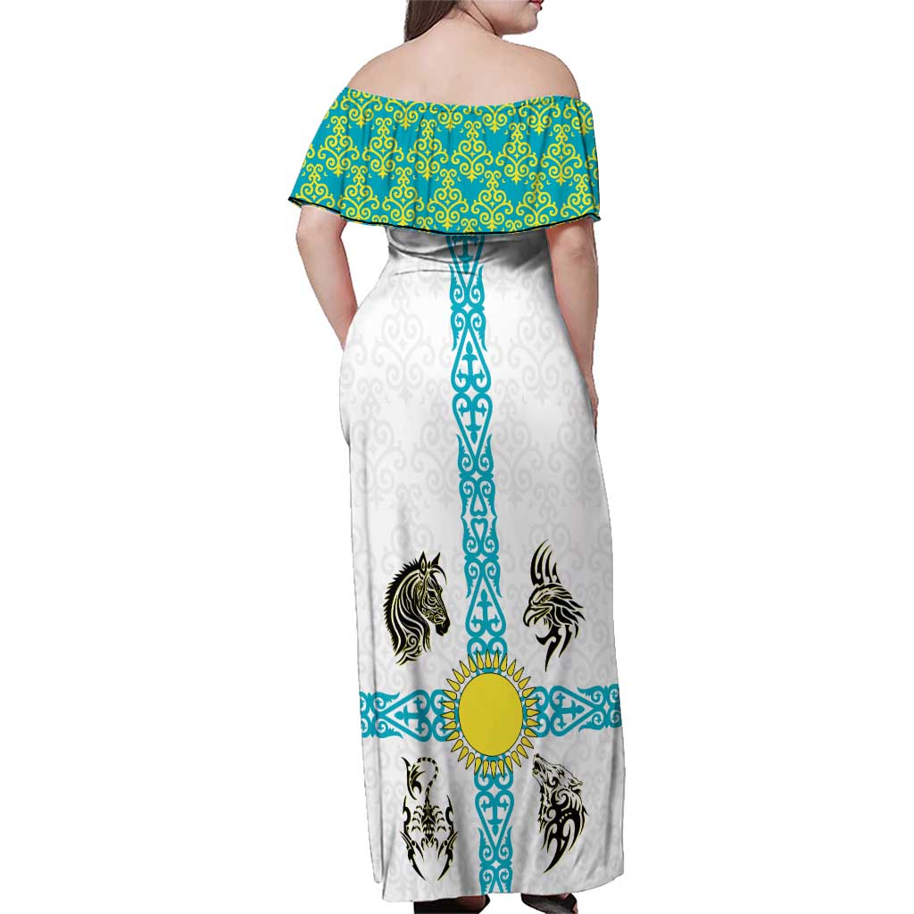 Kazakhstan National Symbols Family Matching Off Shoulder Maxi Dress and Hawaiian Shirt with Tribal Animal Crest and Blue Ethnic Motif on White