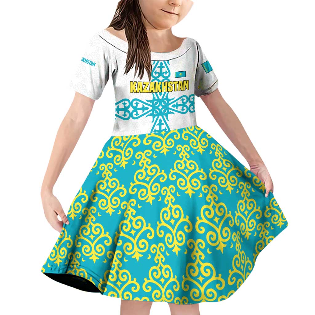 Kazakhstan National Symbols Family Matching Off Shoulder Short Dress and Hawaiian Shirt with Tribal Animal Crest and Blue Ethnic Motif on White