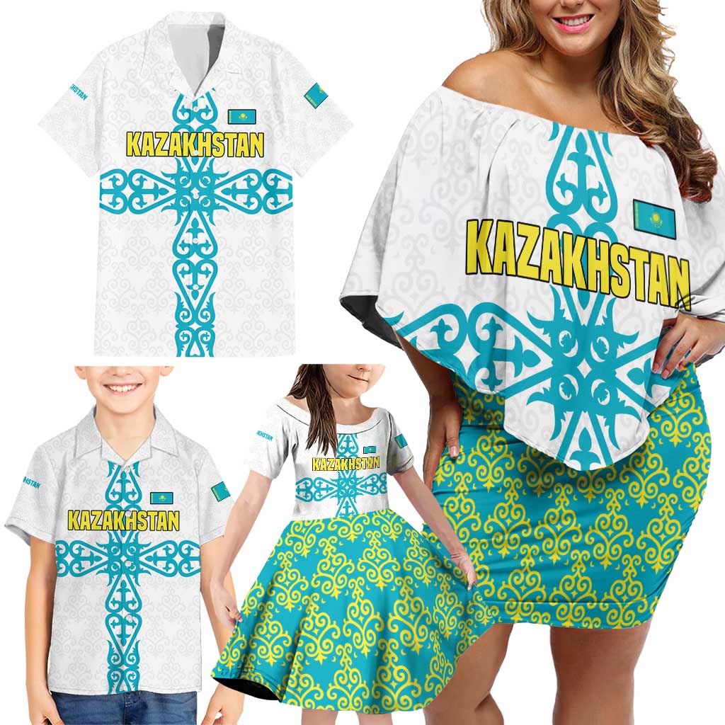 Kazakhstan National Symbols Family Matching Off Shoulder Short Dress and Hawaiian Shirt with Tribal Animal Crest and Blue Ethnic Motif on White