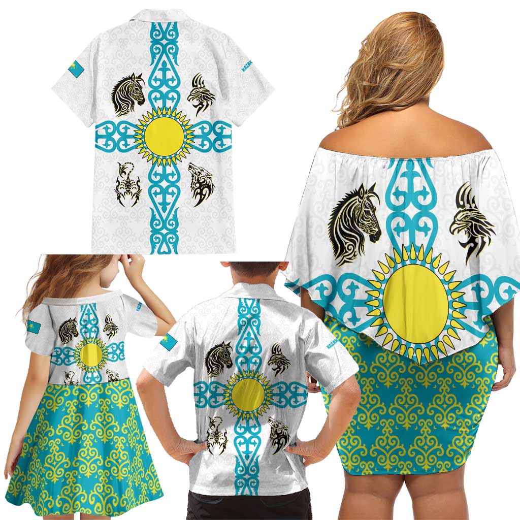 Kazakhstan National Symbols Family Matching Off Shoulder Short Dress and Hawaiian Shirt with Tribal Animal Crest and Blue Ethnic Motif on White