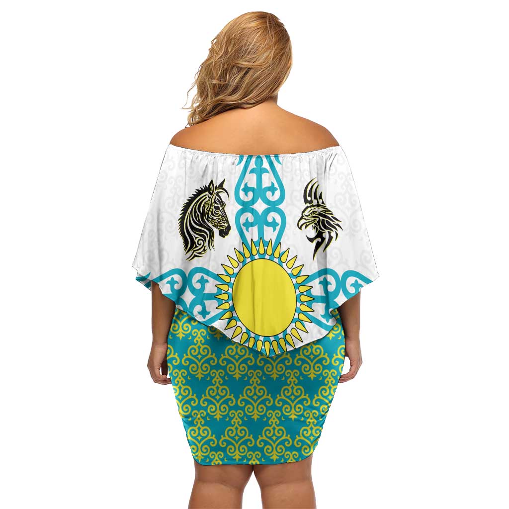 Kazakhstan National Symbols Family Matching Off Shoulder Short Dress and Hawaiian Shirt with Tribal Animal Crest and Blue Ethnic Motif on White