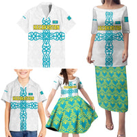 Kazakhstan National Symbols Family Matching Puletasi and Hawaiian Shirt with Tribal Animal Crest and Blue Ethnic Motif on White