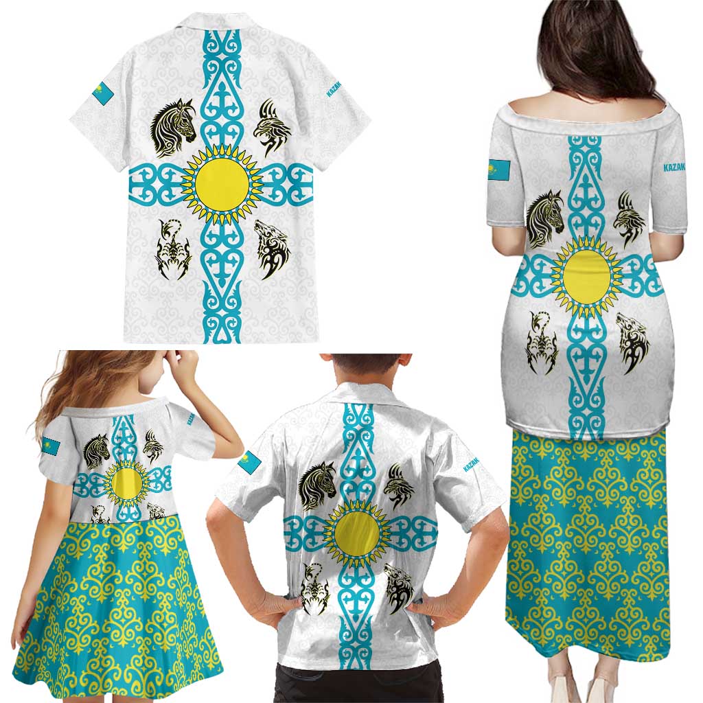 Kazakhstan National Symbols Family Matching Puletasi and Hawaiian Shirt with Tribal Animal Crest and Blue Ethnic Motif on White