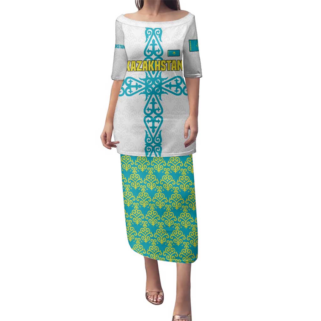 Kazakhstan National Symbols Family Matching Puletasi and Hawaiian Shirt with Tribal Animal Crest and Blue Ethnic Motif on White