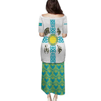 Kazakhstan National Symbols Family Matching Puletasi and Hawaiian Shirt with Tribal Animal Crest and Blue Ethnic Motif on White