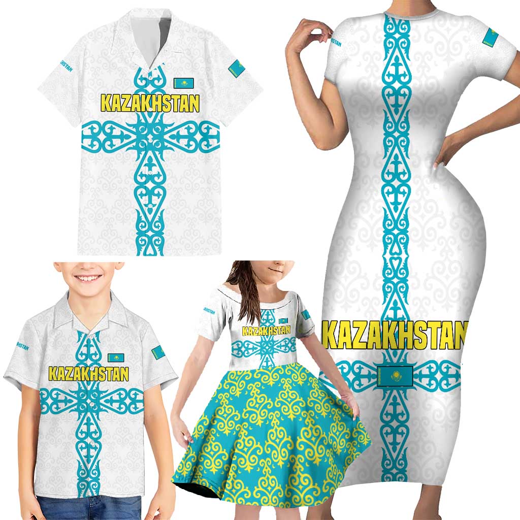 Kazakhstan National Symbols Family Matching Short Sleeve Bodycon Dress and Hawaiian Shirt with Tribal Animal Crest and Blue Ethnic Motif on White