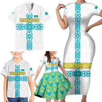 Kazakhstan National Symbols Family Matching Short Sleeve Bodycon Dress and Hawaiian Shirt with Tribal Animal Crest and Blue Ethnic Motif on White