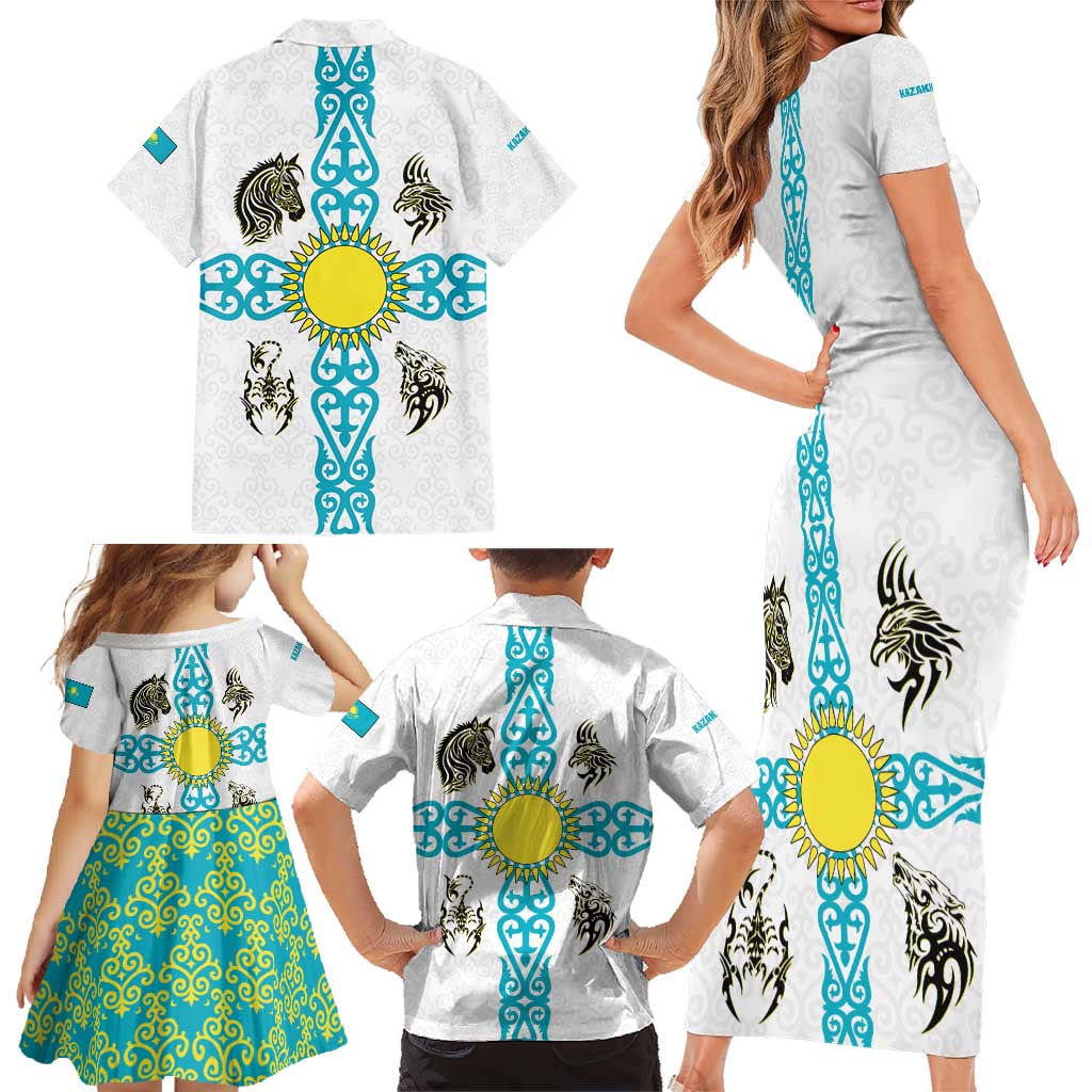Kazakhstan National Symbols Family Matching Short Sleeve Bodycon Dress and Hawaiian Shirt with Tribal Animal Crest and Blue Ethnic Motif on White