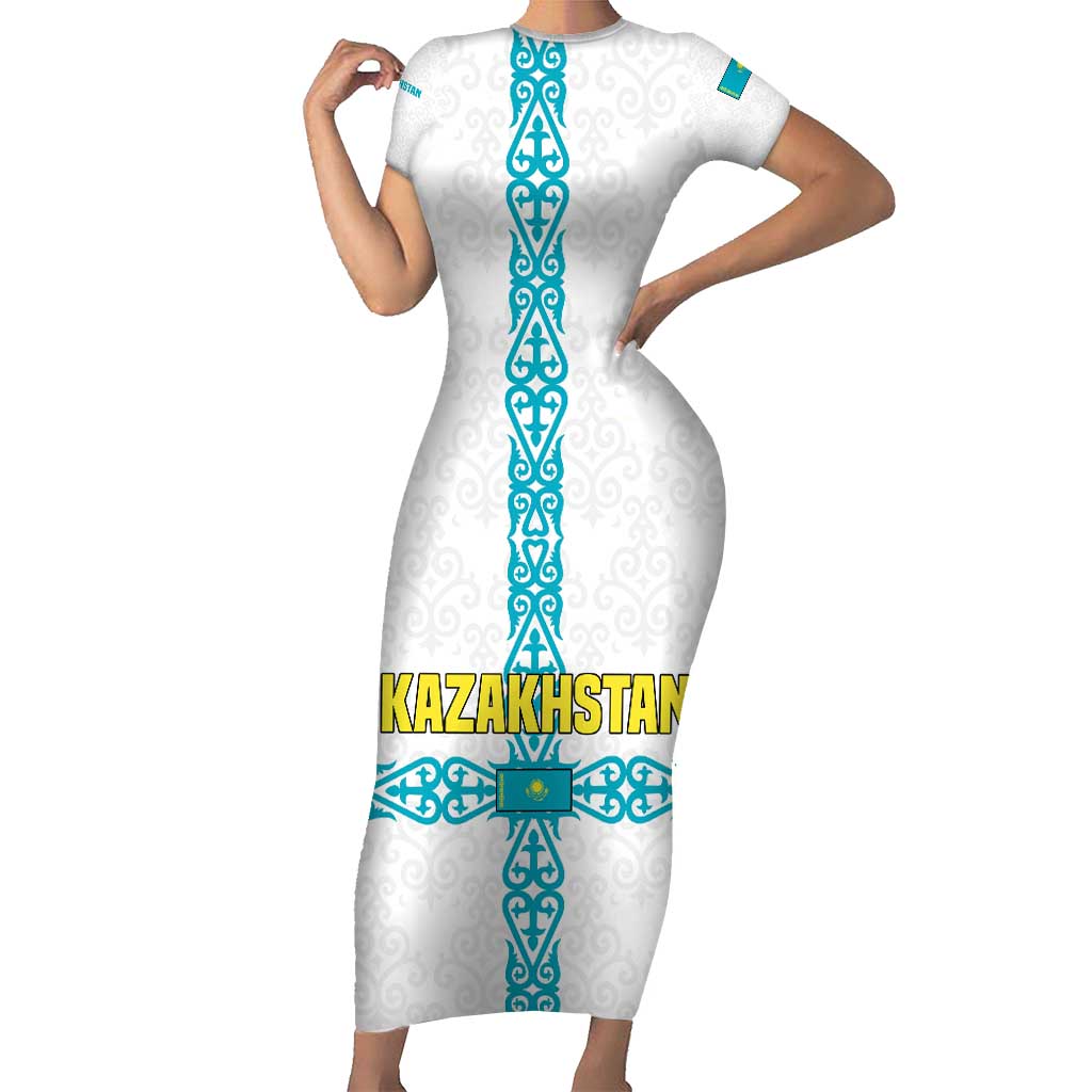 Kazakhstan National Symbols Family Matching Short Sleeve Bodycon Dress and Hawaiian Shirt with Tribal Animal Crest and Blue Ethnic Motif on White