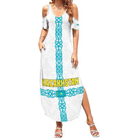 Kazakhstan National Symbols Family Matching Summer Maxi Dress and Hawaiian Shirt with Tribal Animal Crest and Blue Ethnic Motif on White