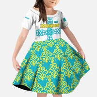 Kazakhstan National Symbols Family Matching Tank Maxi Dress and Hawaiian Shirt with Tribal Animal Crest and Blue Ethnic Motif on White