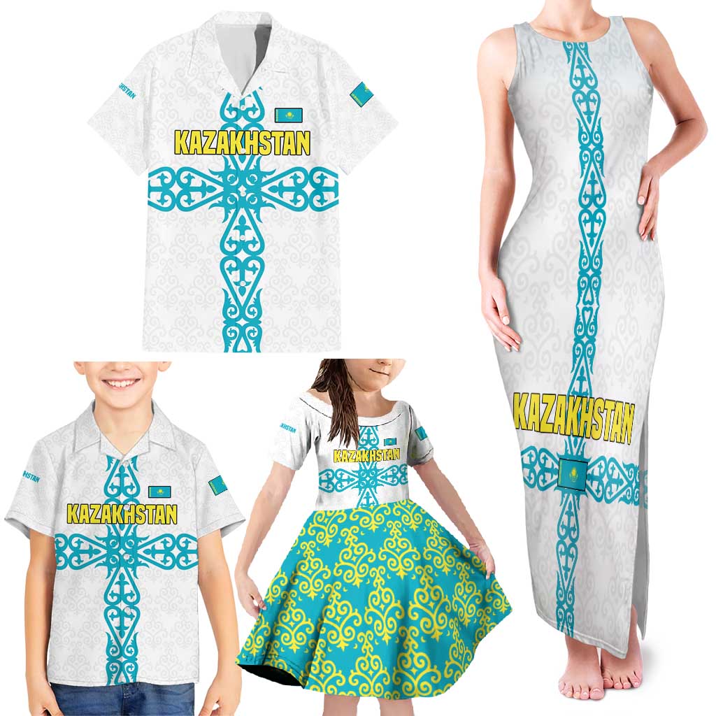 Kazakhstan National Symbols Family Matching Tank Maxi Dress and Hawaiian Shirt with Tribal Animal Crest and Blue Ethnic Motif on White