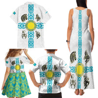 Kazakhstan National Symbols Family Matching Tank Maxi Dress and Hawaiian Shirt with Tribal Animal Crest and Blue Ethnic Motif on White