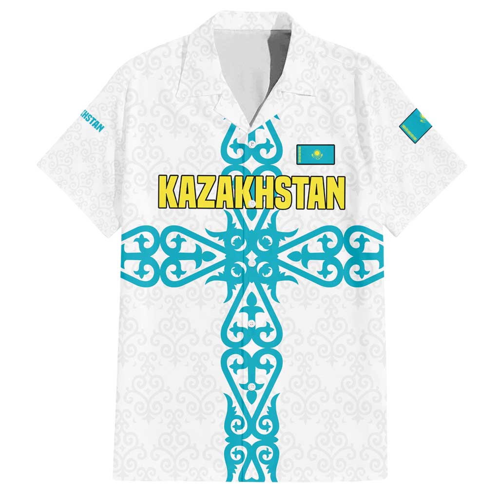 Kazakhstan National Symbols Family Matching Tank Maxi Dress and Hawaiian Shirt with Tribal Animal Crest and Blue Ethnic Motif on White