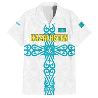 Kazakhstan National Symbols Family Matching Tank Maxi Dress and Hawaiian Shirt with Tribal Animal Crest and Blue Ethnic Motif on White