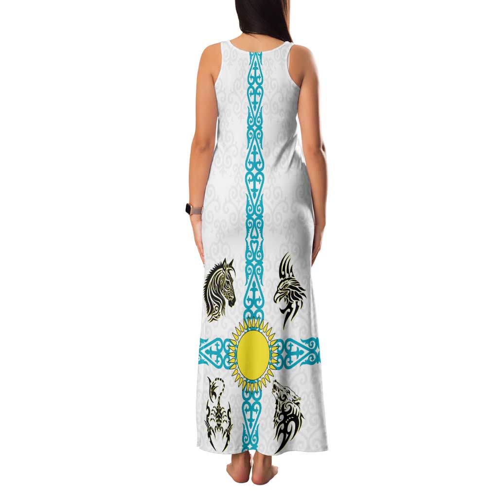 Kazakhstan National Symbols Family Matching Tank Maxi Dress and Hawaiian Shirt with Tribal Animal Crest and Blue Ethnic Motif on White