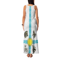 Kazakhstan National Symbols Family Matching Tank Maxi Dress and Hawaiian Shirt with Tribal Animal Crest and Blue Ethnic Motif on White