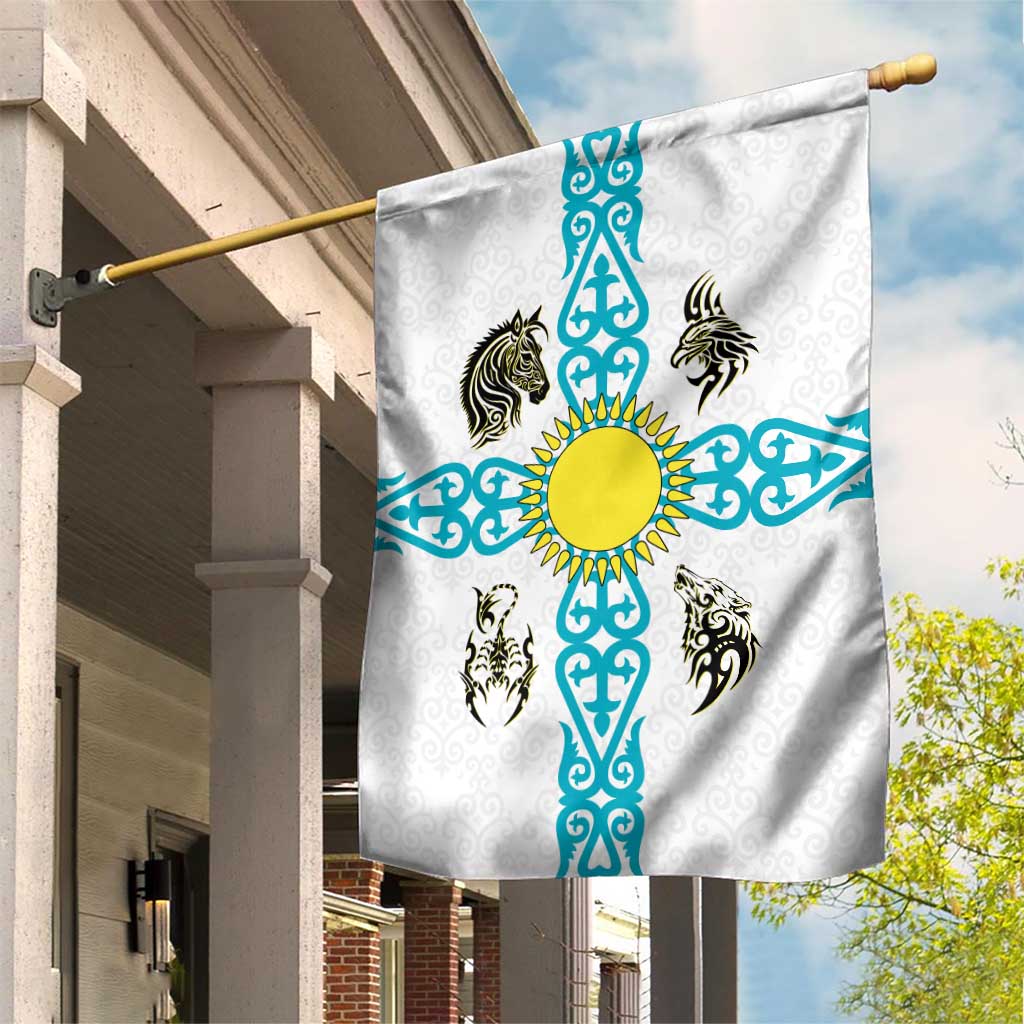 Kazakhstan National Symbols Garden Flag with Tribal Animal Crest and Blue Ethnic Motif on White