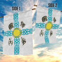 Kazakhstan National Symbols Garden Flag with Tribal Animal Crest and Blue Ethnic Motif on White