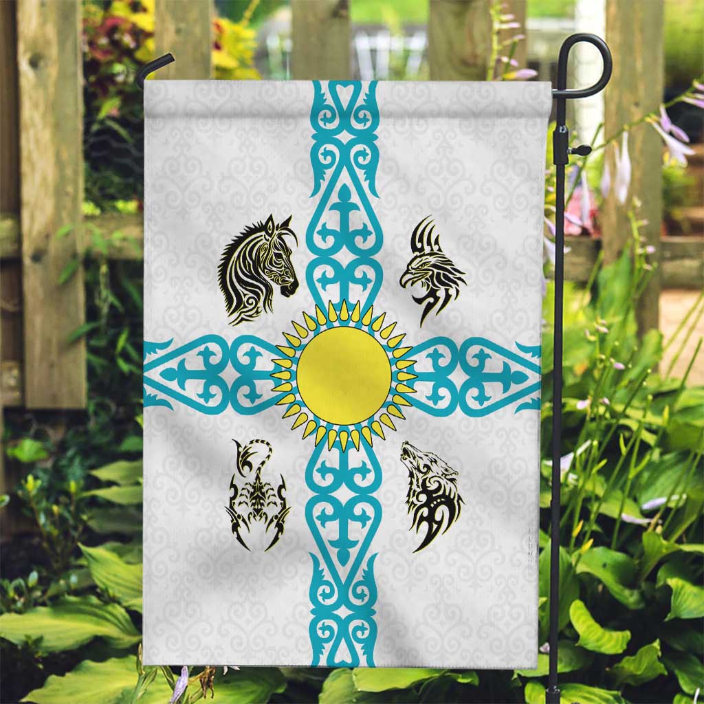 Kazakhstan National Symbols Garden Flag with Tribal Animal Crest and Blue Ethnic Motif on White