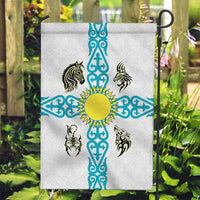 Kazakhstan National Symbols Garden Flag with Tribal Animal Crest and Blue Ethnic Motif on White