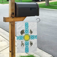 Kazakhstan National Symbols Garden Flag with Tribal Animal Crest and Blue Ethnic Motif on White