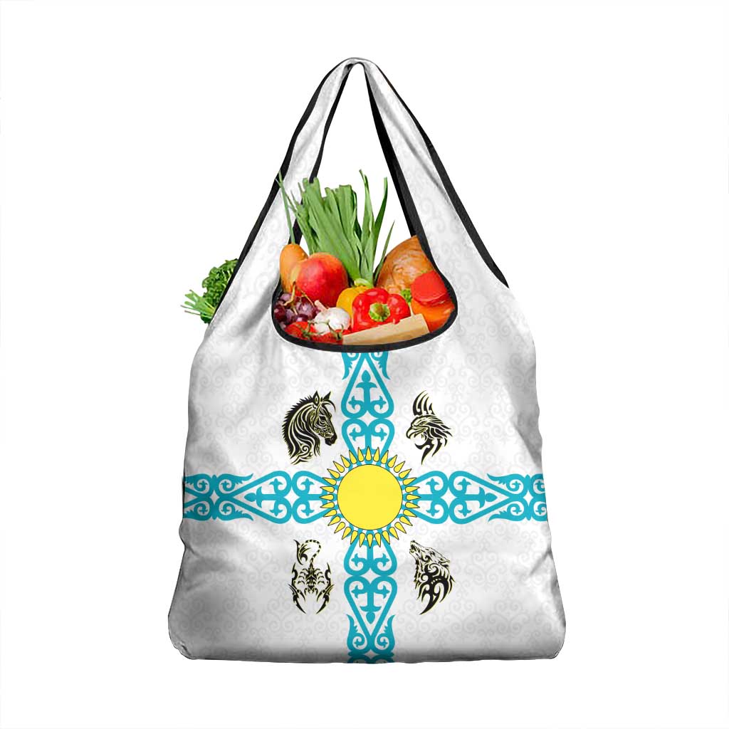Kazakhstan National Symbols Grocery Bag with Tribal Animal Crest and Blue Ethnic Motif on White