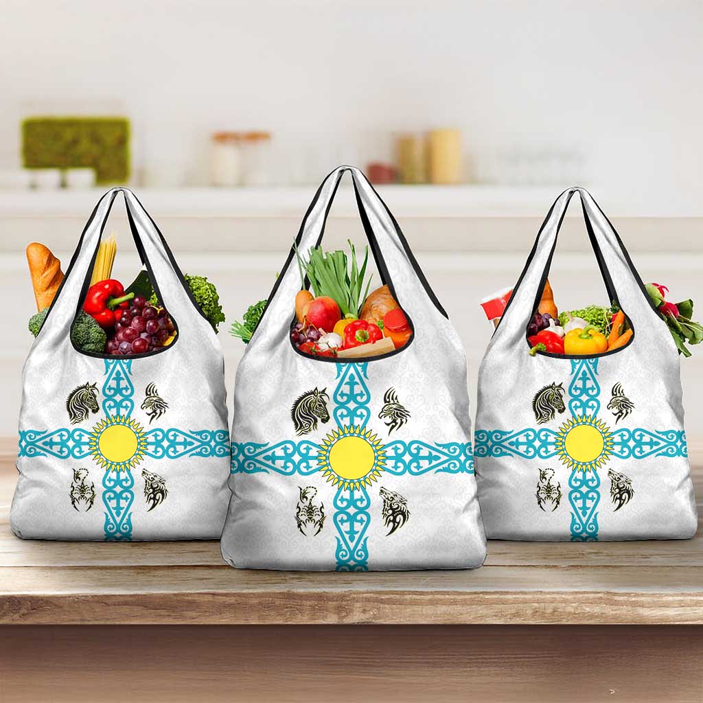Kazakhstan National Symbols Grocery Bag with Tribal Animal Crest and Blue Ethnic Motif on White