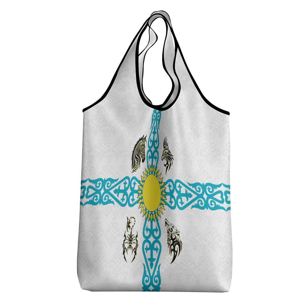Kazakhstan National Symbols Grocery Bag with Tribal Animal Crest and Blue Ethnic Motif on White