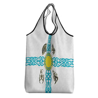 Kazakhstan National Symbols Grocery Bag with Tribal Animal Crest and Blue Ethnic Motif on White