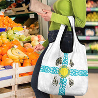 Kazakhstan National Symbols Grocery Bag with Tribal Animal Crest and Blue Ethnic Motif on White