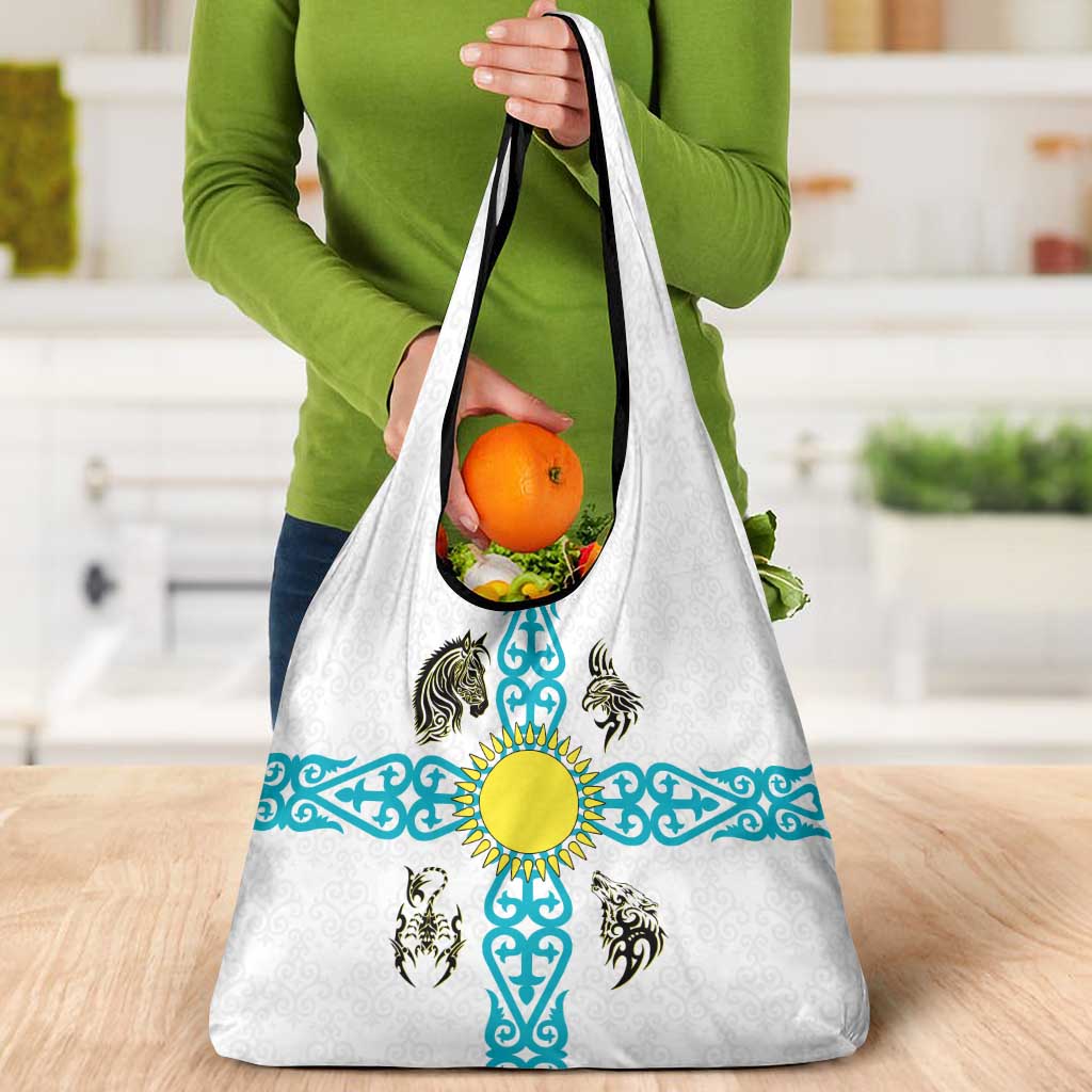 Kazakhstan National Symbols Grocery Bag with Tribal Animal Crest and Blue Ethnic Motif on White